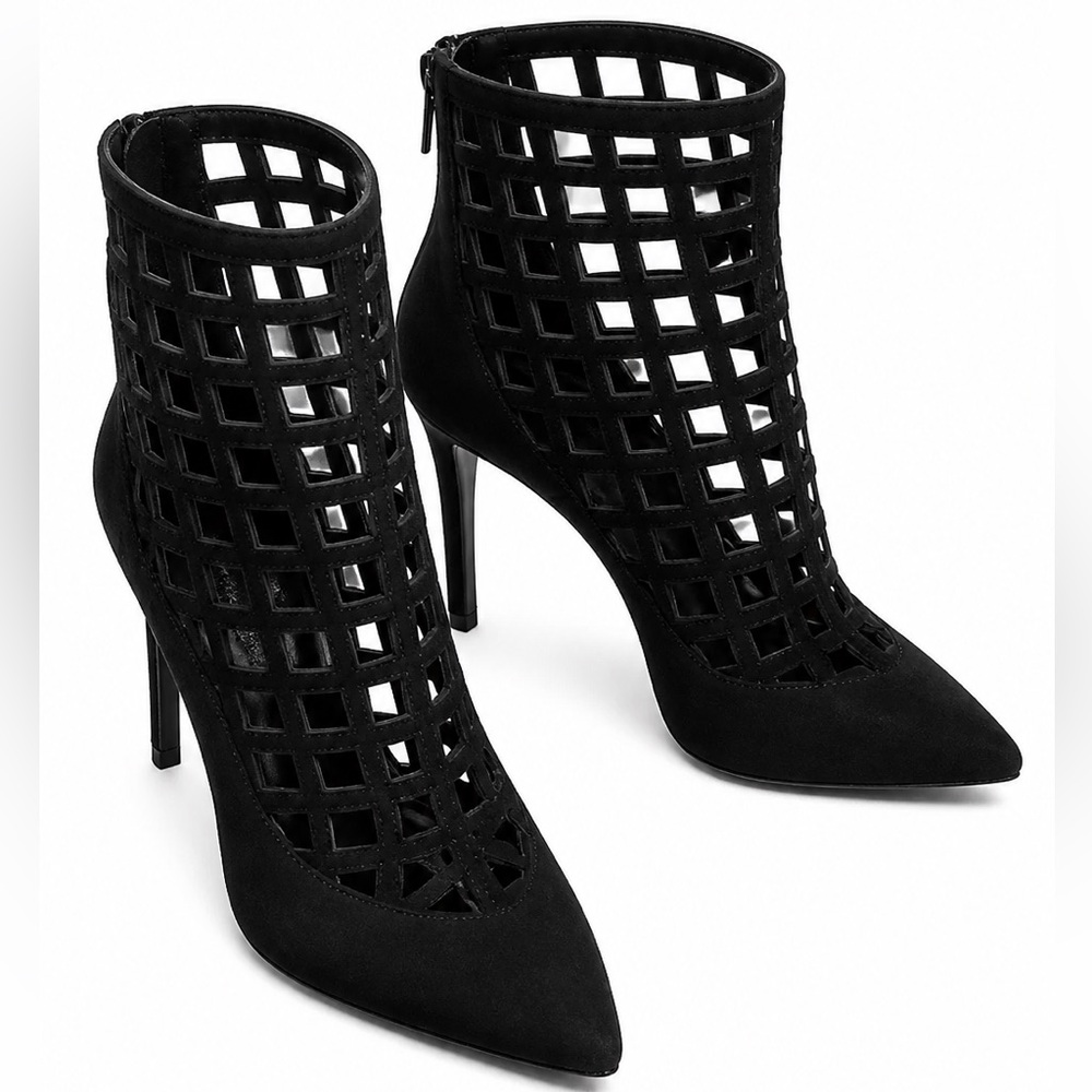 Jean-Michel Cazabat Black Soft Suede Caged Pointed-Toe Stiletto Ankle Boots